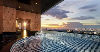 Stunning rooftop infinity pool with breathtaking city skyline view at sunset.