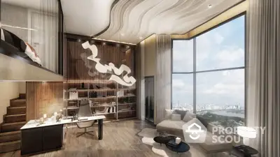 Luxurious modern living room with panoramic city view and stylish decor