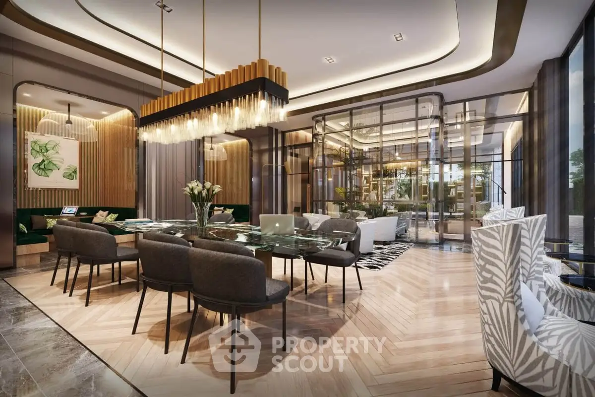 Luxurious modern living room with elegant dining area and stylish lighting