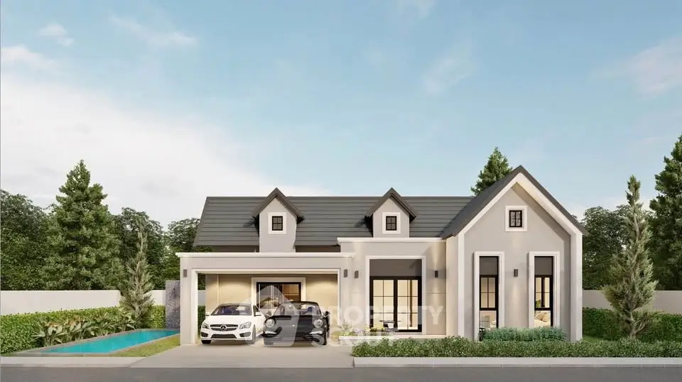 Luxurious modern house exterior with sleek design, two cars in driveway, and a private pool in lush surroundings.