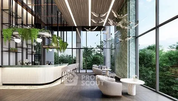 Luxurious modern lobby with high ceilings, elegant seating, and large windows overlooking greenery.