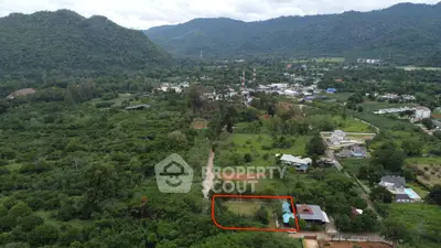 Scenic aerial view of lush green landscape with mountains and residential area.