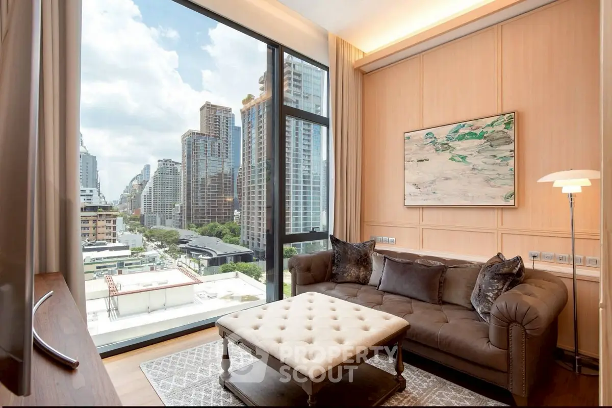 Luxurious living room with stunning city view, featuring elegant sofa and large window in modern apartment.