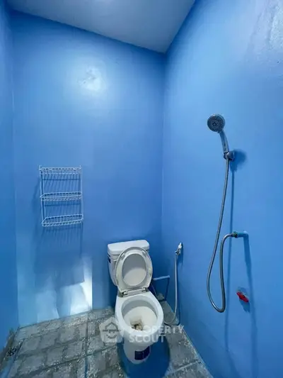 Simple blue bathroom with shower and toilet, ideal for minimalist living spaces.