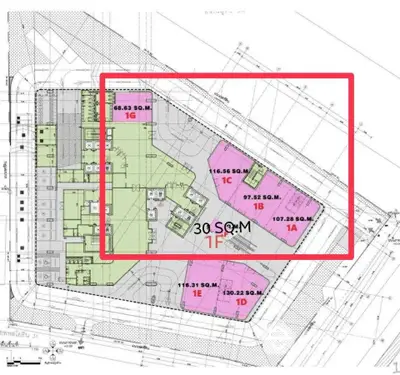 Detailed architectural floor plan showcasing unit layouts and dimensions for real estate development.