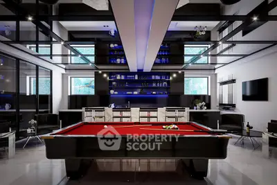 Luxurious modern living room with pool table and stylish bar area, perfect for entertainment.