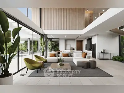 Luxurious modern living room with floor-to-ceiling windows and stylish decor
