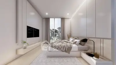 Modern bedroom with sleek design, large window, and cozy bedding in a stylish apartment.