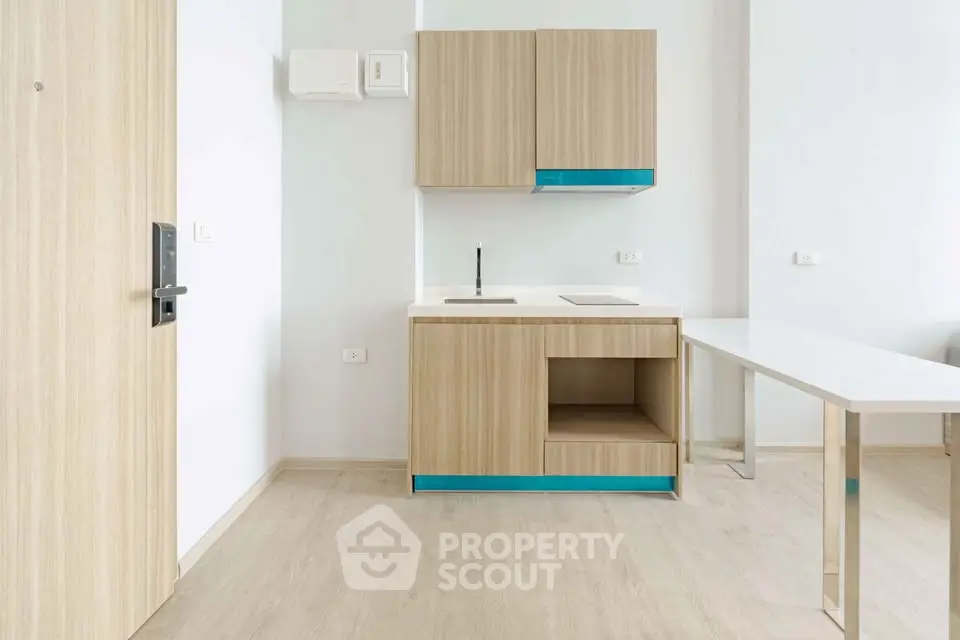 Modern minimalist kitchen with sleek cabinetry and light wood flooring