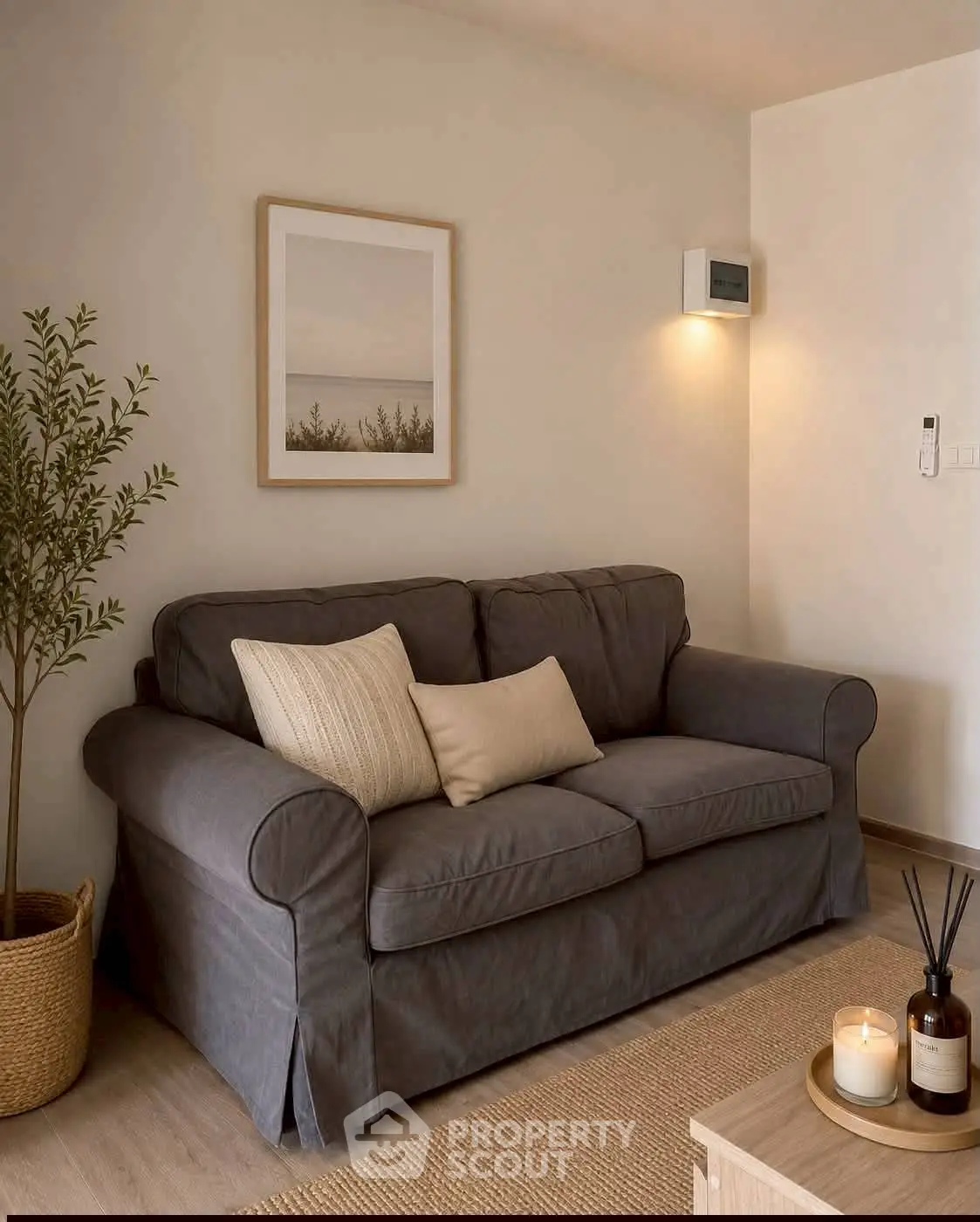 Cozy living room with grey sofa, decorative pillows, and ambient lighting