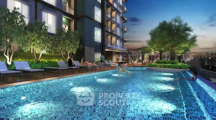 Luxurious rooftop pool with city views and lush greenery at sunset.