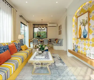 Stylish living room with vibrant decor and open layout, featuring a cozy seating area and elegant dining space.