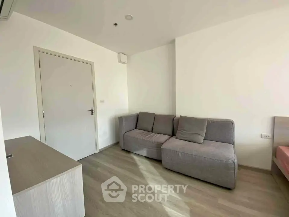 Modern living room with minimalist design and cozy gray sofa