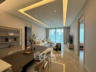 Luxurious modern living room with elegant dining area and city view