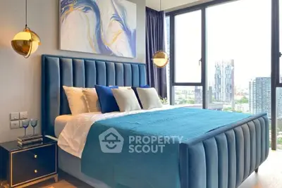 Luxurious bedroom with modern decor and stunning city view