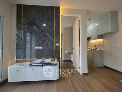 Modern apartment interior with stylish kitchen and elegant living area