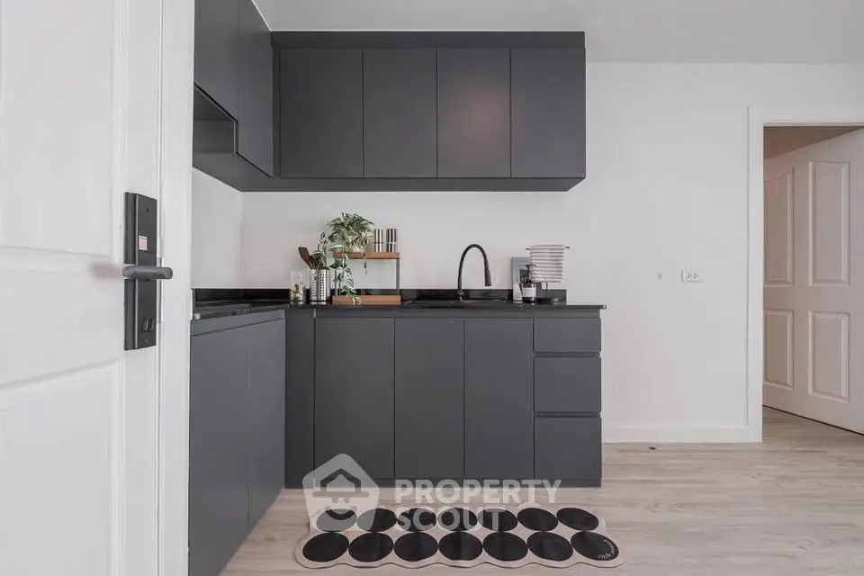 Modern kitchen with sleek black cabinets and minimalist design