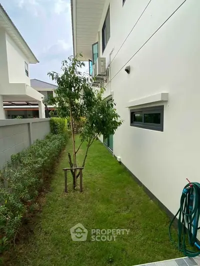 Charming side garden of modern house with lush greenery and sleek exterior design.