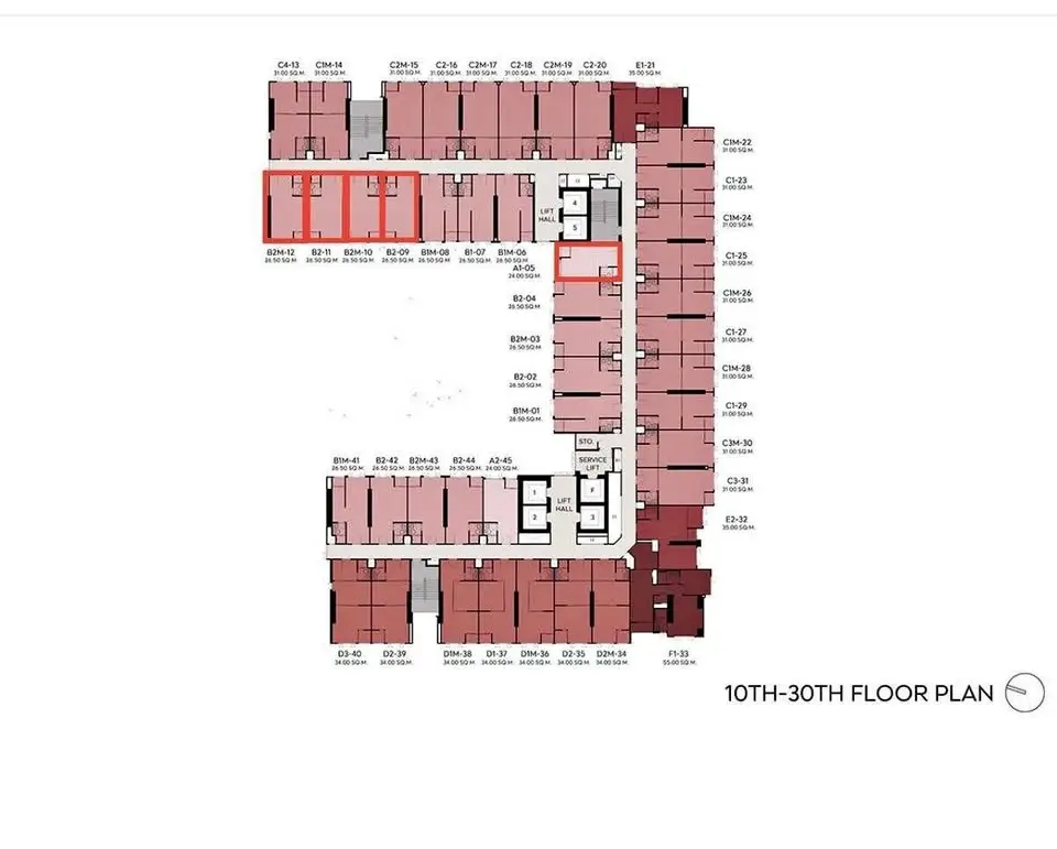 High-rise building floor plan for 10th to 30th floors with unit layout.