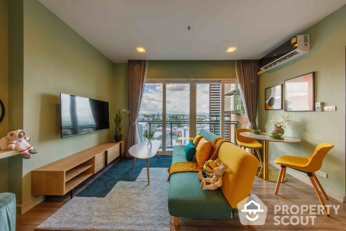 Bright and stylish living room with modern furnishings, large windows offering city views, and a cozy balcony, perfect for urban living.