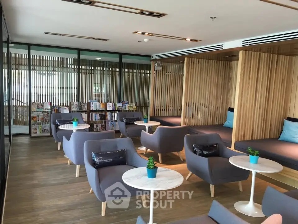 Modern co-working space with stylish seating and wooden accents
