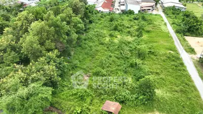 Expansive green land plot with lush vegetation, ideal for development in a serene neighborhood.