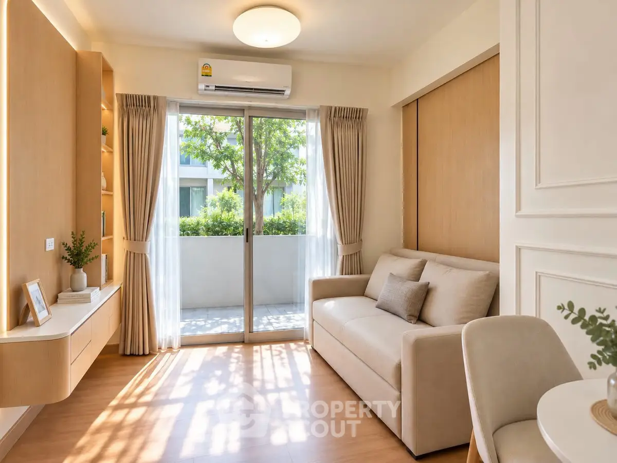 Bright modern living room with balcony access and stylish decor