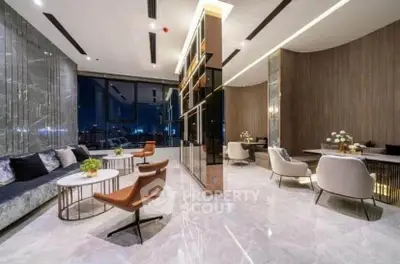 Luxurious modern living room with elegant marble flooring and panoramic city view.