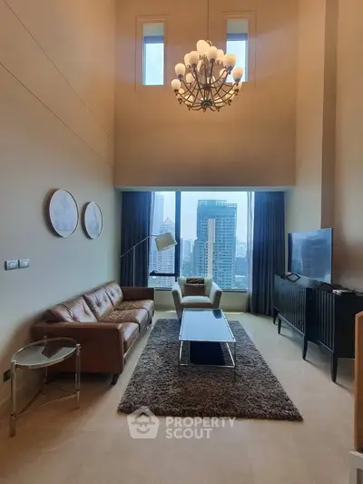 Luxurious high-ceiling living room with stunning city view and elegant decor