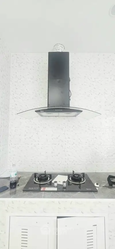 Modern kitchen with sleek gas stove and stylish range hood