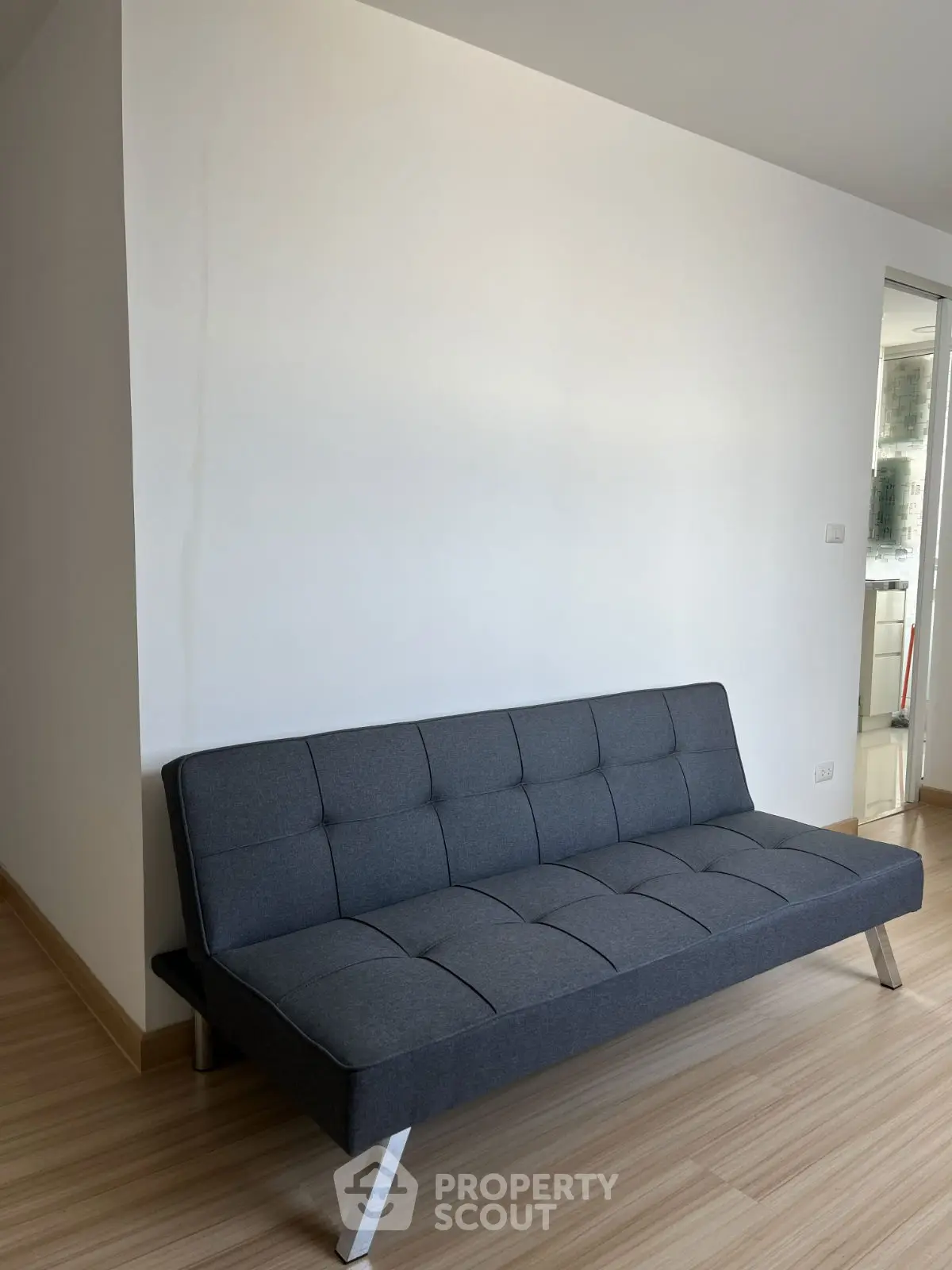 Modern minimalist living room with sleek gray sofa and wooden flooring