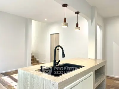 Modern kitchen with sleek black sink and stylish pendant lights
