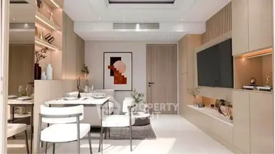 Modern living room with sleek furniture and elegant decor, featuring a wall-mounted TV and stylish dining area.