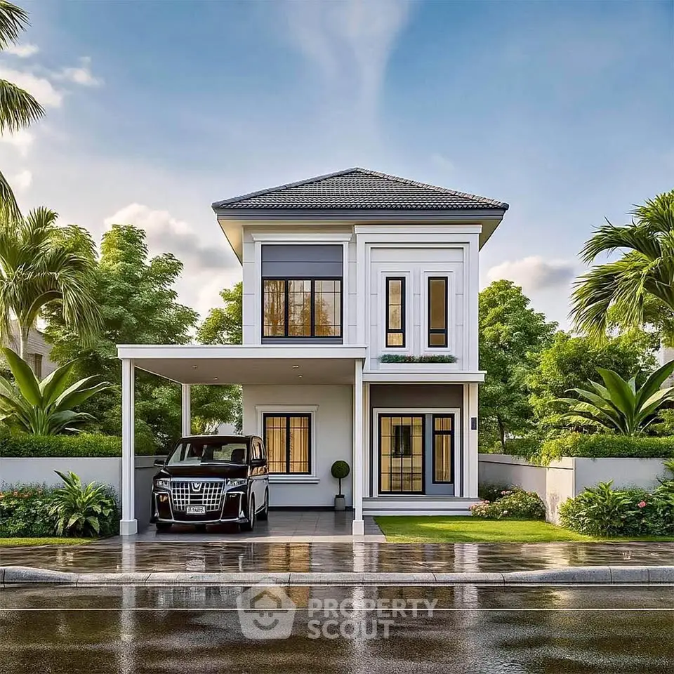 Modern two-story house with sleek design and carport in lush green surroundings.
