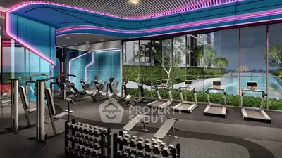 Luxurious modern gym with state-of-the-art equipment and stunning pool view in upscale residential complex.