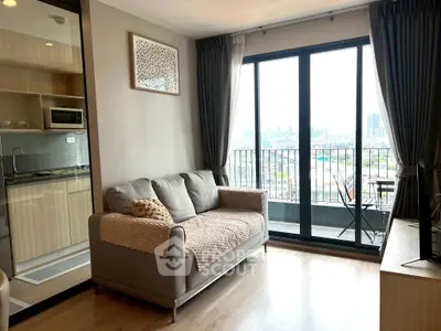 Modern living room with balcony view in a stylish apartment