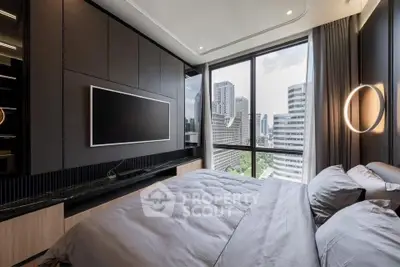 Luxurious modern bedroom with city view, featuring sleek design and large windows for natural light.