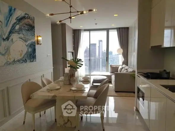 Luxurious open-plan living and dining area with city view, elegant decor, and modern furnishings.