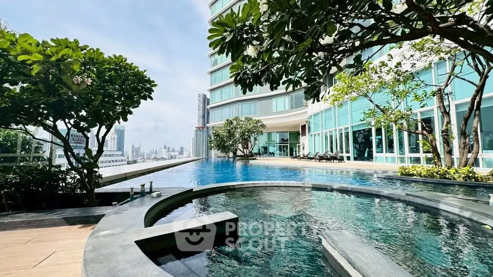 Luxurious rooftop pool with stunning city views and lush greenery in a modern high-rise building.