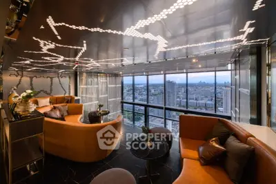Luxurious modern living room with panoramic city view and stylish lighting