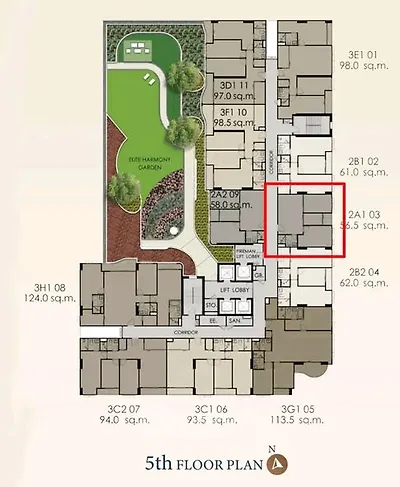 5th floor plan of a modern residential building with garden and multiple unit layouts.