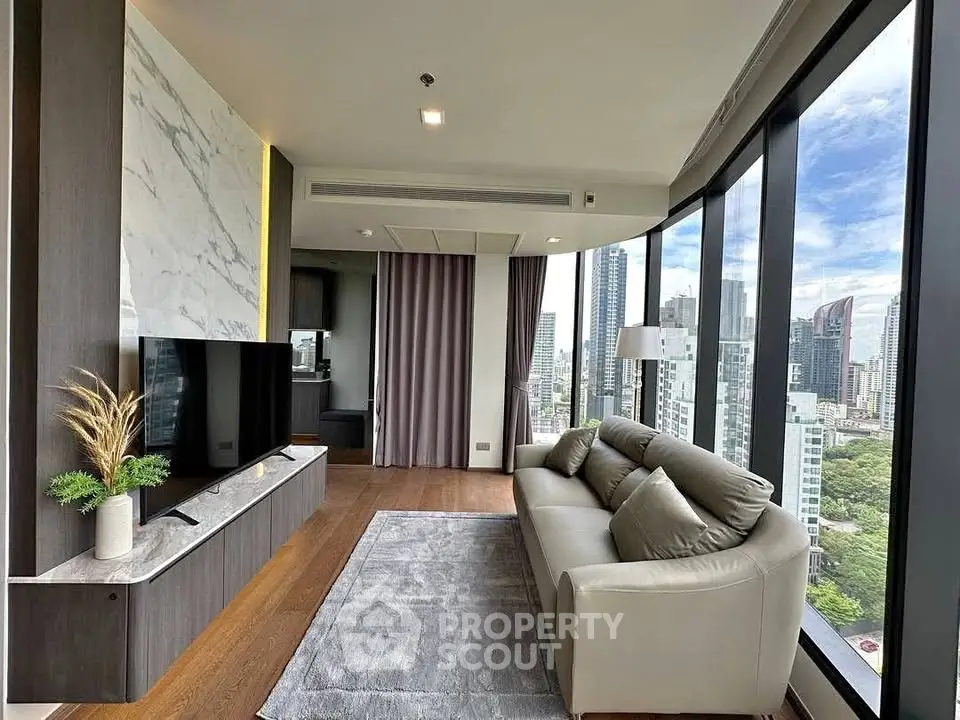 Luxurious modern living room with panoramic city views and elegant decor