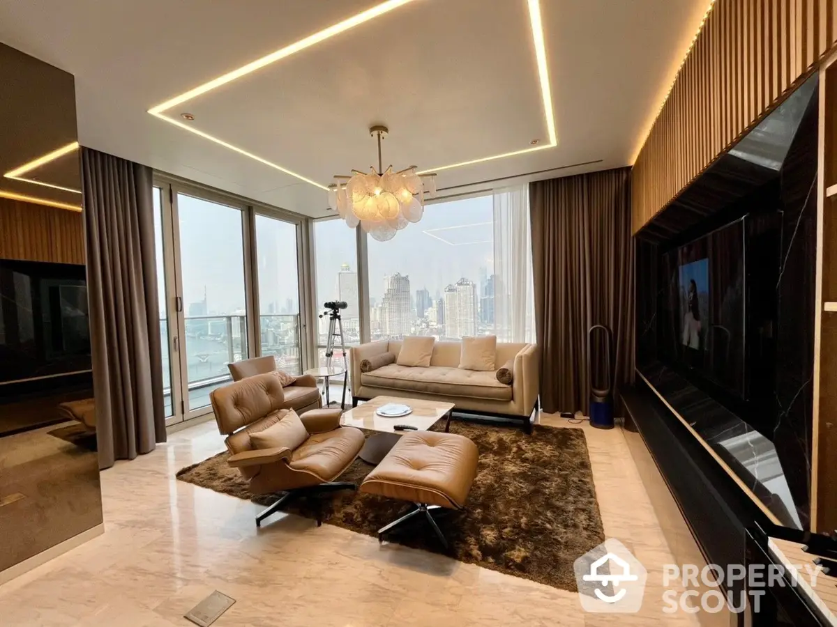 Luxurious living room with modern furniture, elegant lighting, and panoramic city views through floor-to-ceiling windows, showcasing a sophisticated urban lifestyle.