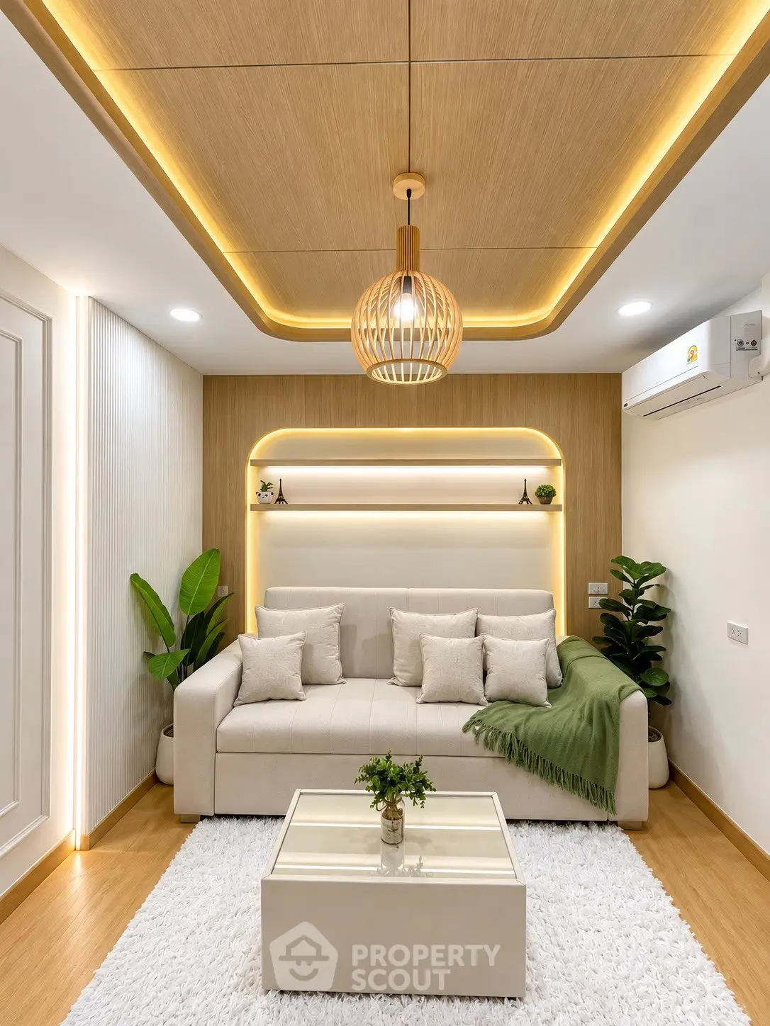 Modern living room with elegant lighting, cozy sofa, and stylish decor in a contemporary apartment.