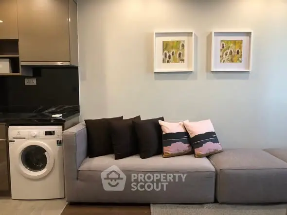 Modern living room with stylish sofa and washing machine in compact space.