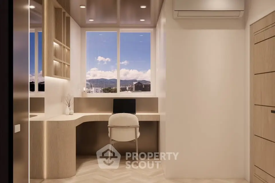 Modern study room with built-in desk and scenic window view