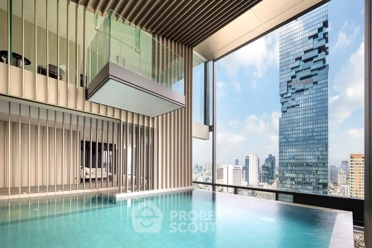 Luxurious rooftop pool with stunning city skyline view in modern high-rise building.