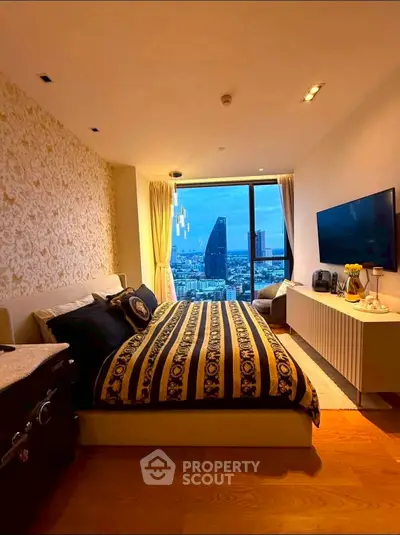 Luxurious bedroom with stunning city view and modern decor