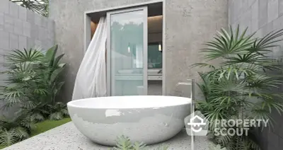 Luxurious outdoor bathtub surrounded by lush greenery and modern concrete walls, offering a serene retreat.