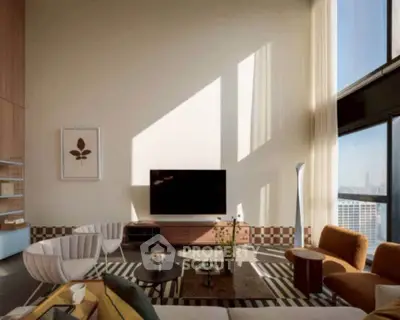Spacious modern living room with high ceilings and large windows offering stunning city views.